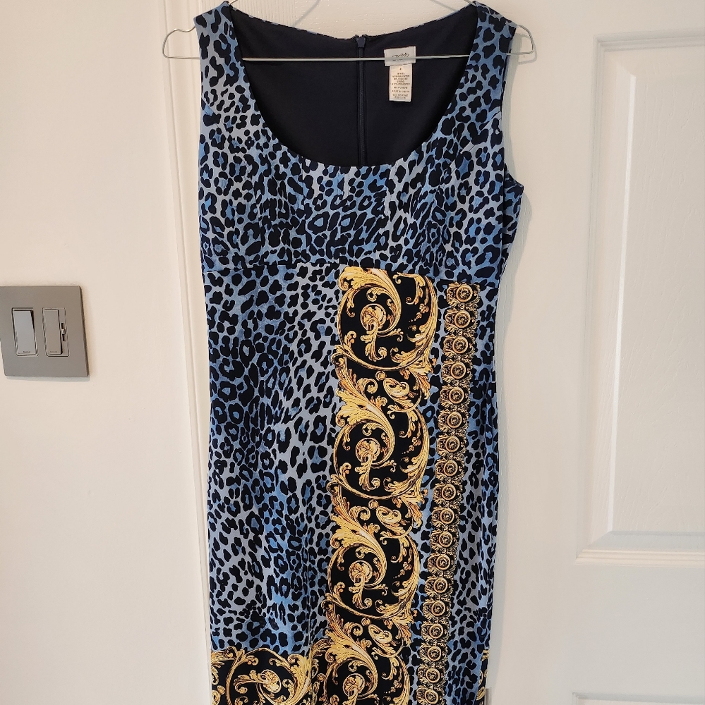 Cache Blue Black Gold Baroque Leopard Print Sheath Dress Size [4] Cocktail
